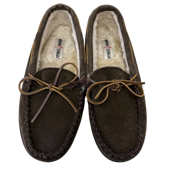 Minnetonka Mens Pile Lined Hardsole Moccasin Slipper Chocolate Brown 3908 Sz 10M - Picture 1 of 12